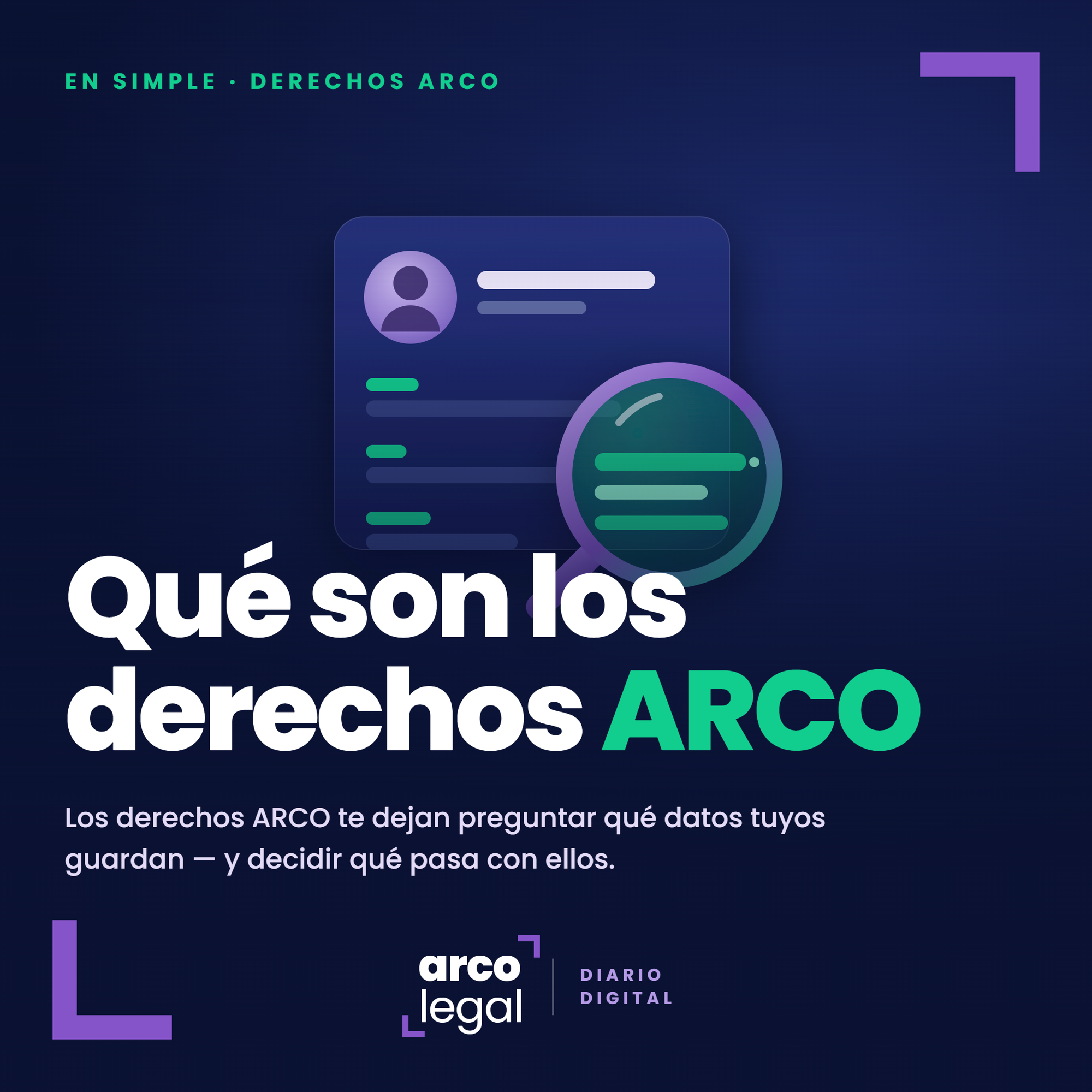 Portada del artículo «Qué son los derechos ARCO»: ficha de datos personales con lupa sobre la letra ARCO.