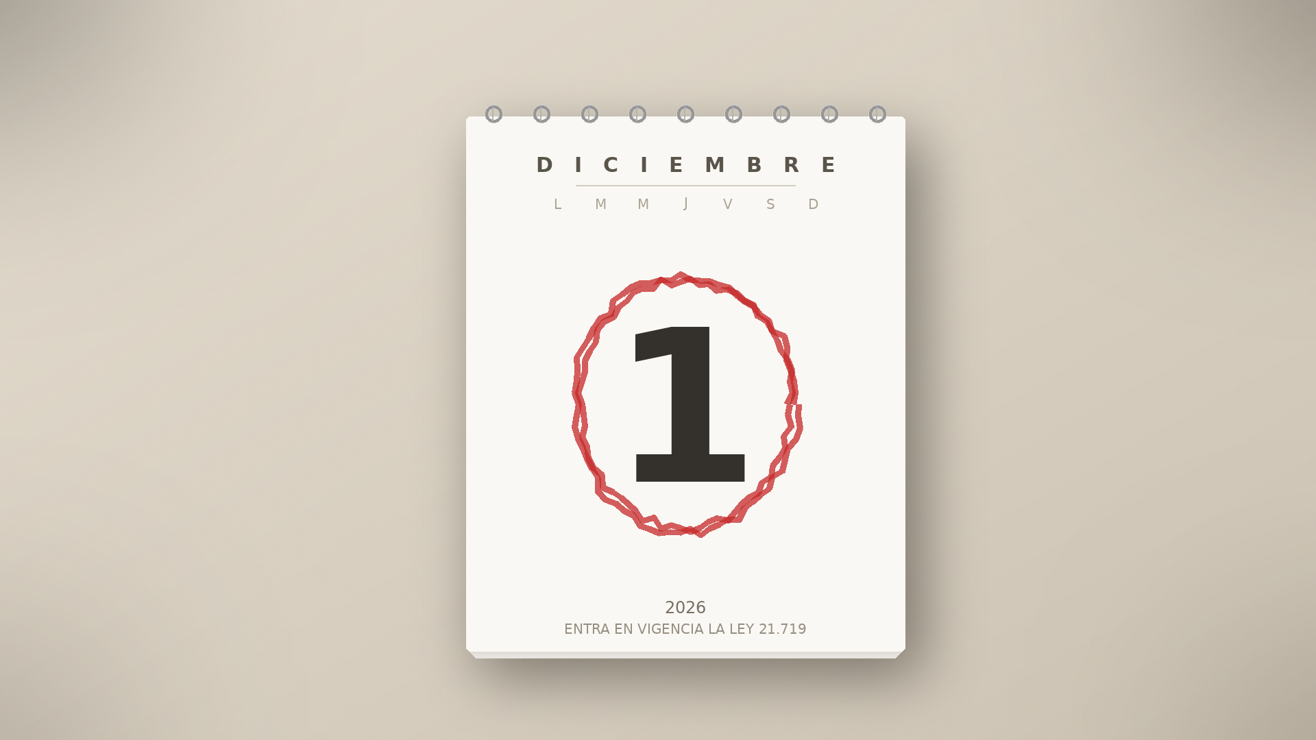 Calendario de diciembre de 2026 con el «1» marcado, fecha de entrada en vigencia de la Ley 21.719.